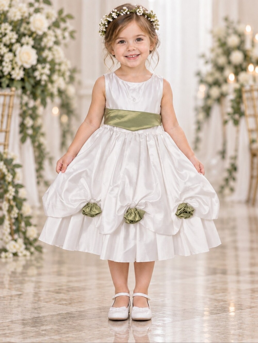 NWT Rare Bloom White Sage Green Satin Flower Girl Formal Dress 3D Rosette 2T